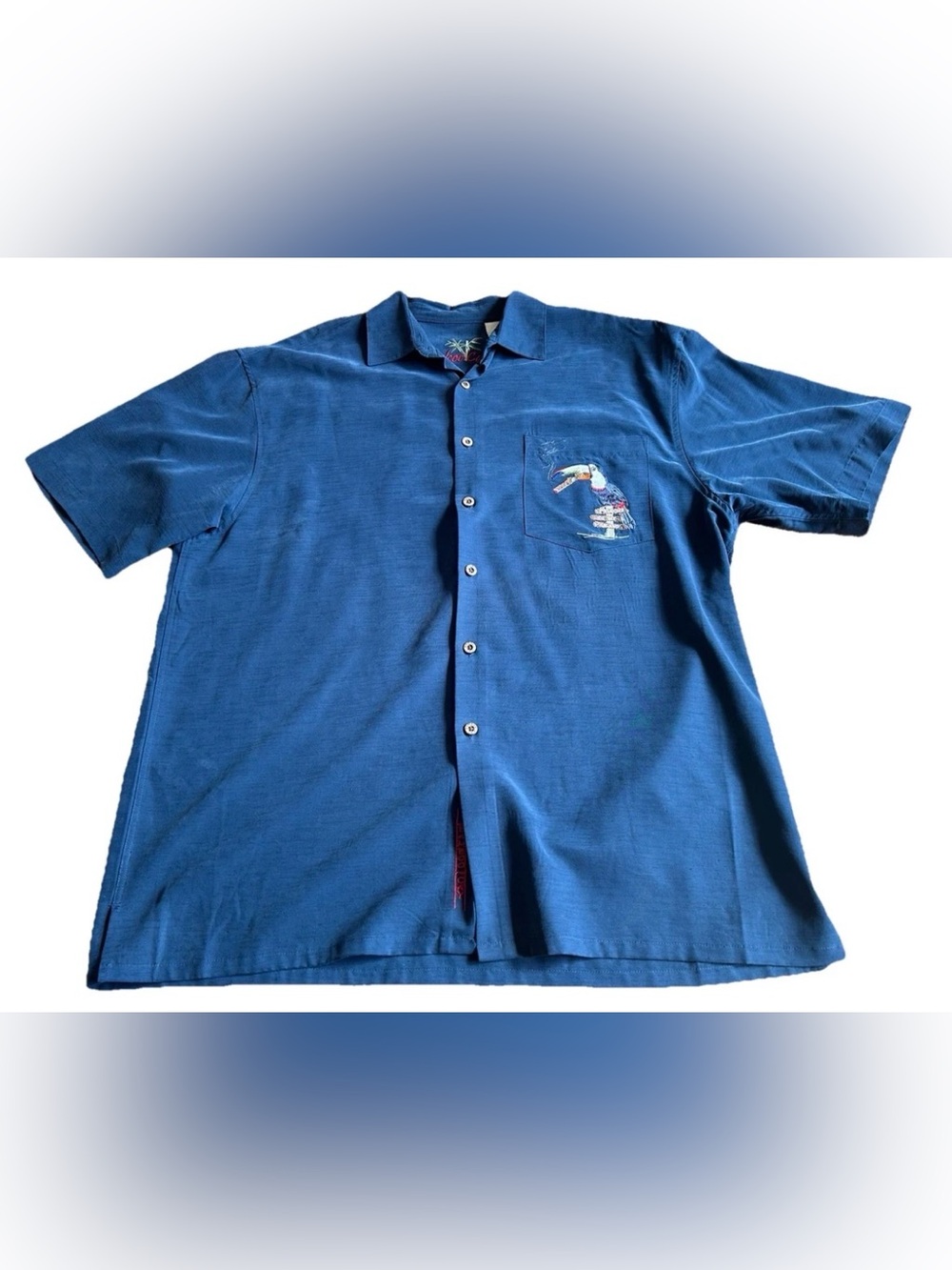 Bamboo Cay Men's Large Blue Silk Blend Hawaiian Shirt Toucan Lounge Embroidered